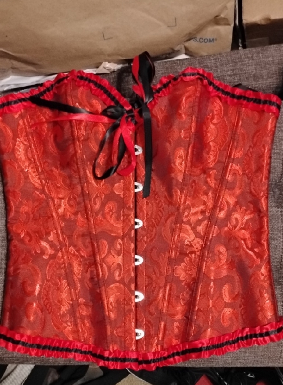 Red Brocade Lace-Up Corset with Black Trim
